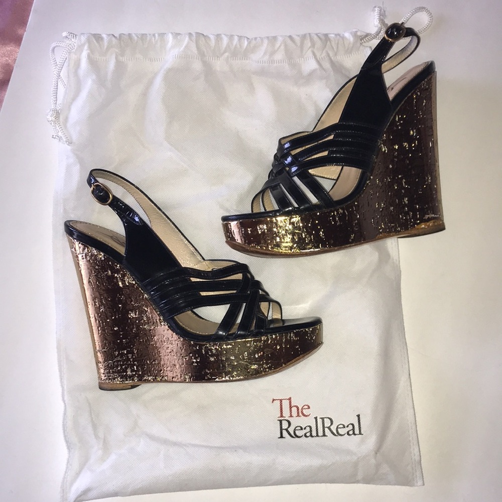 YSL Black Patent Leather Gold Cork Wedge Sandals